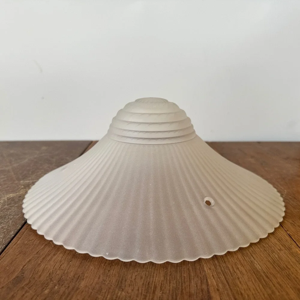 MCM Vintage White Frosted Glass Lamp Shade Scalloped Edge Ribbed Design Art Deco
